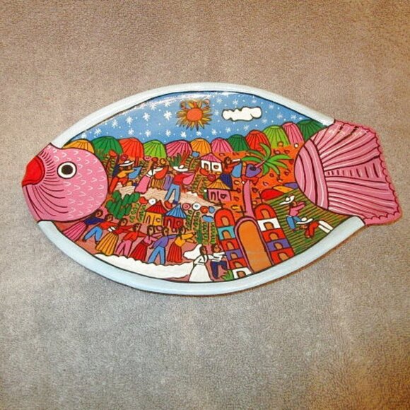 Signed MEXICAN Folkloric STORY PLATE Red Clay POTTERY Folk Art WALL ART Fish - Picture 1 of 8